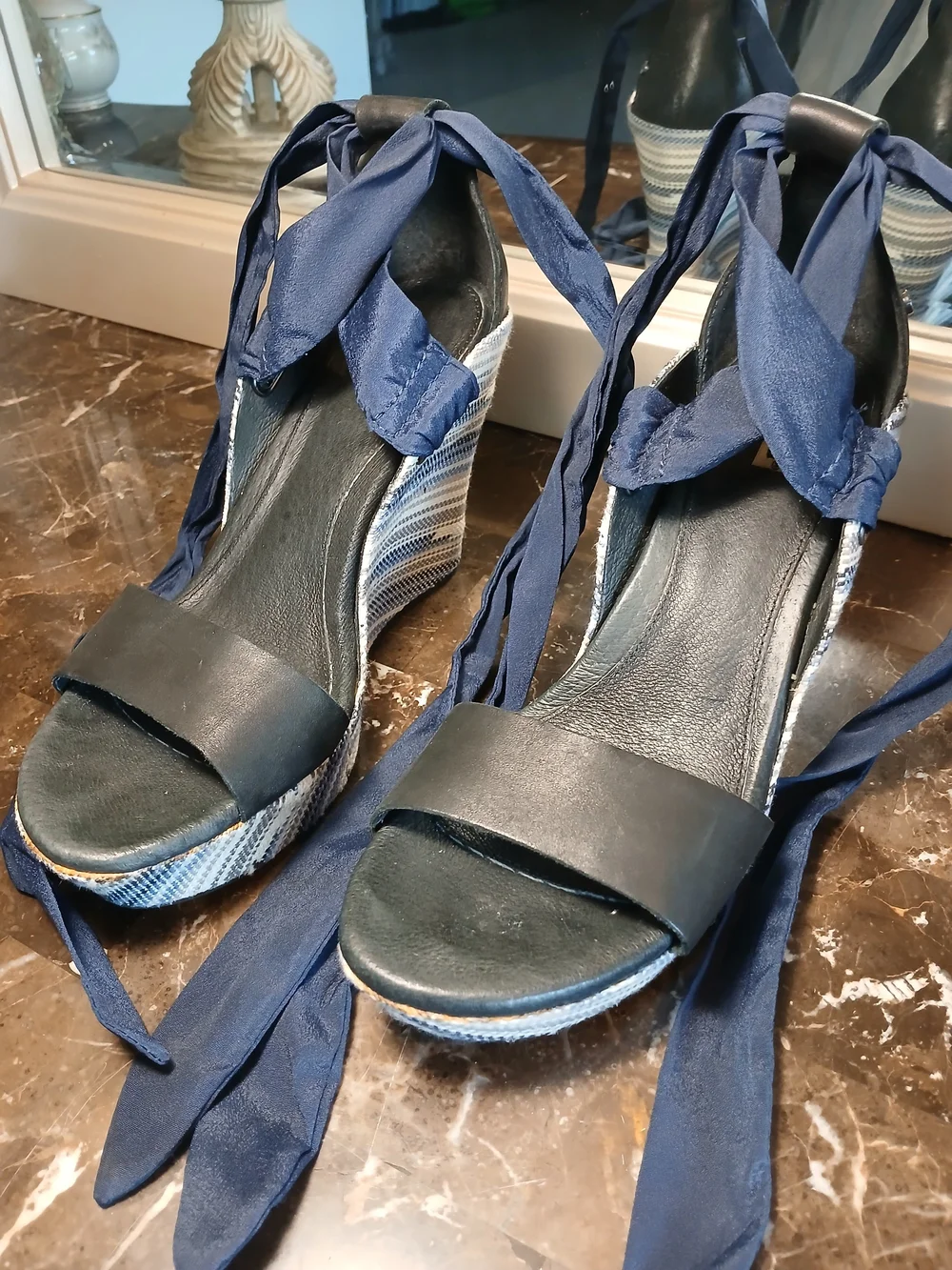 UGG Blue and White Striped Wedge Sandals with Navy Ankle Tie